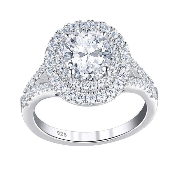 Oval engagement ring with double halo and split shank side stones