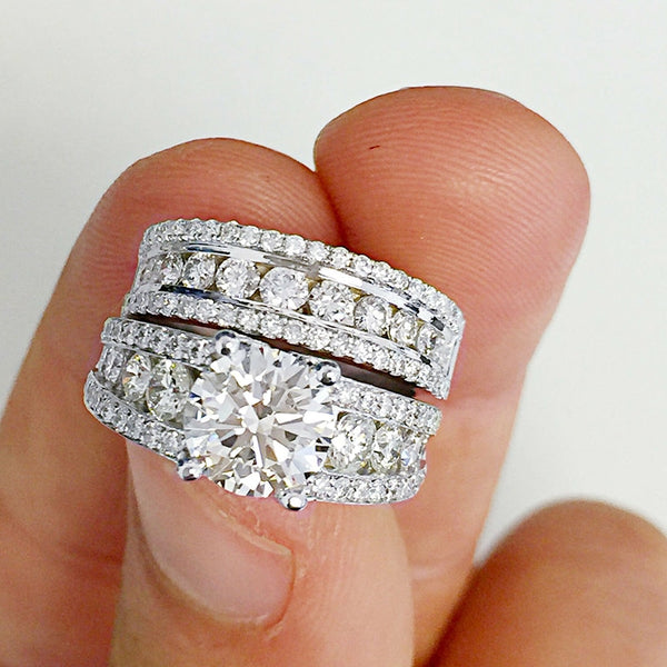 2.5ct Wide Band Antique Style Round Wedding Set with Round Brilliant Channel and Prong Set Side Stones WS029
