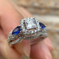Princess shaped Halo Wedding Set with 5mm Center Stone, Featuring Sapphire CZ Pear Cut Stones set within a Pave infinity Design WS043