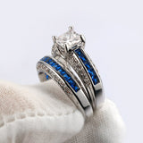 Antique Style Princess Cut Wedding Set with White or Blue Channel Set Side Stones WS033