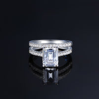 3.4 Carat Emerald Cut Wedding Set Featuring a Hidden Halo and Prong Set Side Stones, Sterling Silver WS037