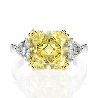 4 Carat Yellow Classic 3 Stone Cushion Engagement Ring with Trillion Side Stones Featuring Gold Split Prongs Set in Sterling Silver Available with White, Yellow Or Pink Gem Color Eng085