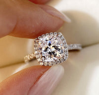 3 Carat Cushion Halo Engagement Ring and Wedding Band Set with Pave Side Stones in Sterling Silver. WS003