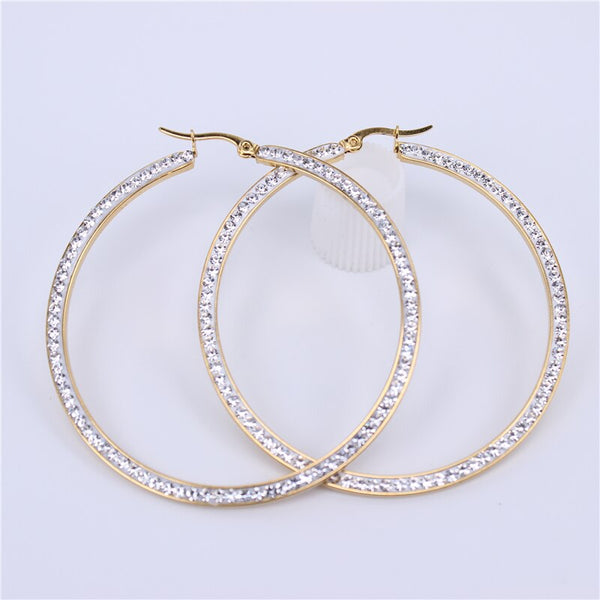 Eternity Style Hoop Earrings with Channel Set Stones and Lever Clasp, Available in Two Sizes Stainless Steel and Plated in Yellow Gold EAR003