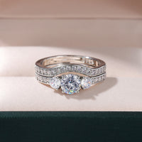 1 Carat Three Stone Wedding Set with Round Center Stone and Bead Set Side Stones on the Engagement Ring and Wedding Band WS011 In Stock