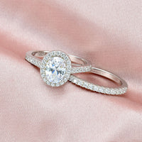 8x6mm 1.5 Carat Oval Halo Engagement Ring With Matching Pave Wedding Band in Sterling Silver WS004 In Stock