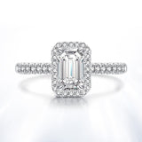 1.25 ct Emerald Cut Halo Engagement Ring with Pave Style Side Stones Set in Sterling Silver Eng070
