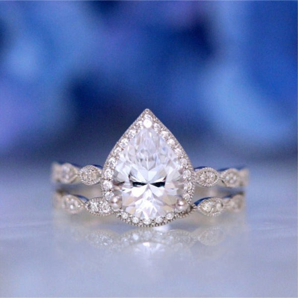 1 Carat Pear Cut Halo Wedding Set Featuring Scalloped Bands with Milgrain Accents WS024 In Stock