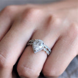 Pear halo wedding set with scalloped and milgrain accent band