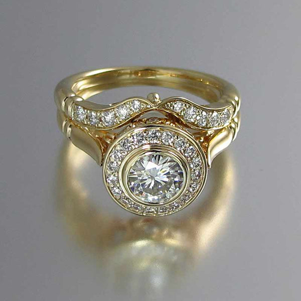 .75ct Round Bezel Set Halo Engagement Ring with Pave Matching Band WS007 In Stock