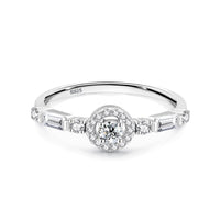 Petite Round Halo Engagement Ring with Round and Baguette Side Stones Set in Sterling Silver Eng047 In Stock