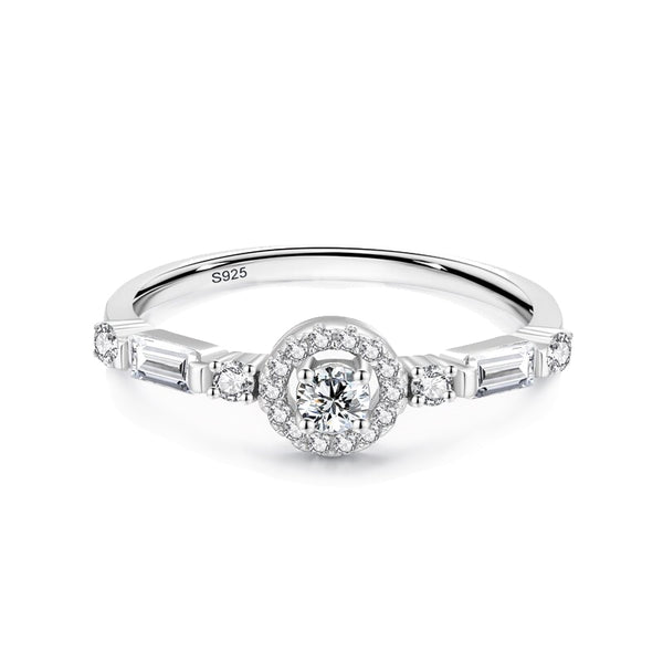 Petite Round Halo Engagement Ring with Round and Baguette Side Stones Set in Sterling Silver Eng047 In Stock
