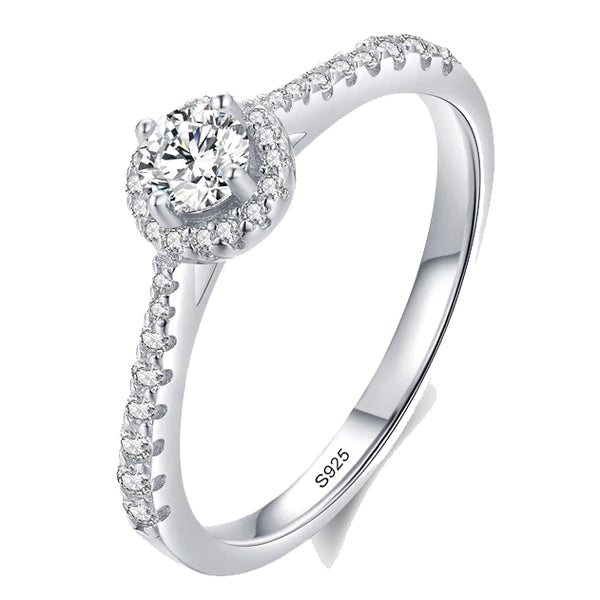 4mm Round Halo Engagement Ring with Side Stones set in a Reverse Tapered Band Sterling Silver Eng049 In Stock