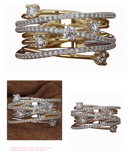 Multi Band Star Light Right Hand Ring with Large and Small Stones Set in Sterling Silver , Available in White, Yellow or Rose RHR001