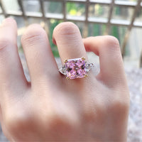 4 Carat 9mm Cushion Three stone Engagement Ring with Triangle Side Stones.  Available in Yellow, Pink or Colorless Center Stones Eng005