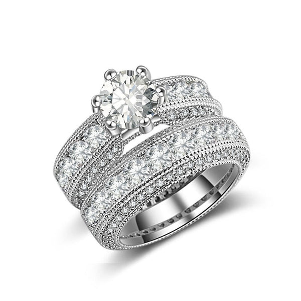 1 Carat Round Antique Wedding Set with Separate Engagement Ring and Matching Wedding Band Both Set with Round Side Stones and Milgrain Accents WS009 In Stock
