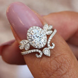 Antique Style Oval Halo Wedding Set with Petal Side Stones, Scroll Wedding Band Features a Bezel Set Pear Stone and Round Side Stones WS014 In Stock