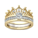 .5 Carat Crown Style Wedding Set, Round engagement Ring with Side Stones and Crown Insert Guard Two Tone White and Yellow WS010