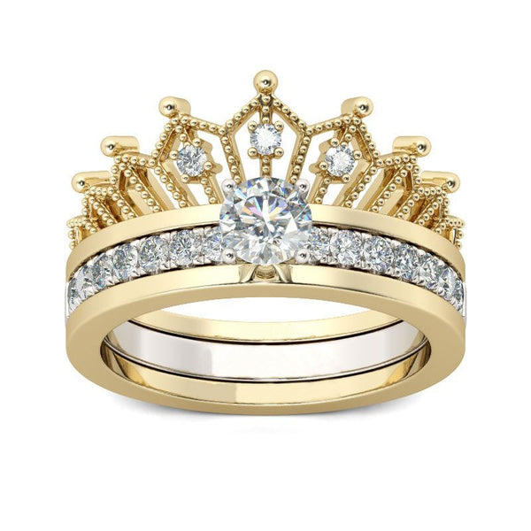 Wedding set round ring crown insert white and yellow two toned 